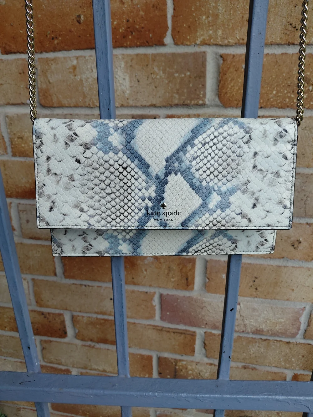kate spade White and Light Blue Snake-Print Crossbody with Gold Chain